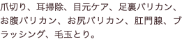 爪切り、耳掃除、目元ケア、足裏バリカン、お腹バリカン、お尻バリカン、肛門腺、ブラッシング、毛玉とり。
