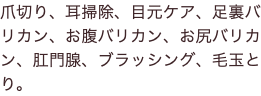 爪切り、耳掃除、目元ケア、足裏バリカン、お腹バリカン、お尻バリカン、肛門腺、ブラッシング、毛玉とり。