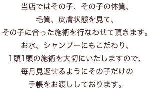 当店ではその子、その子の体質、 毛質、皮膚状態を見て、 その子に合った施術を行なわせて頂きます。 お水、シャンプーにもこだわり、 1頭1頭の施術を大切にいたしますので、 毎月見返せるようにその子だけの 手帳をお渡ししております。